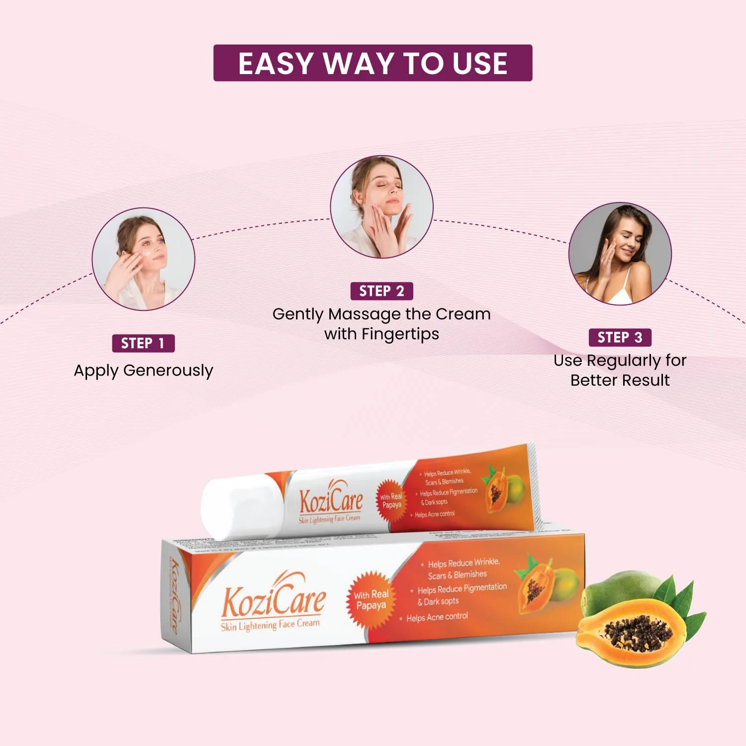 Kozicare Skin Lightening/Brightening Papaya Face Cream Lotion with Papaya, Kojic Acid, Niacinamide, Alpha Arbutin| Fights in Pigmentation, Melasma, Dark Spots, Enhance Glow | All Skin Types - 15g