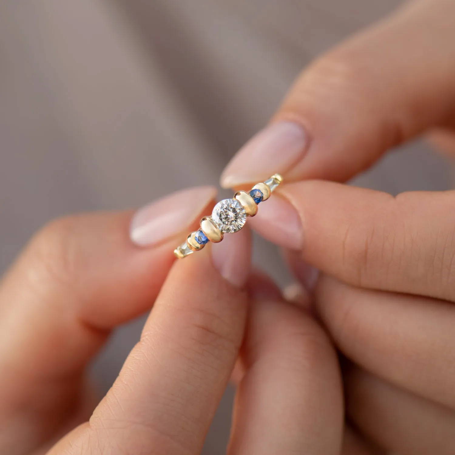 Salt and Pepper Diamond Ring with Blue Sapphires