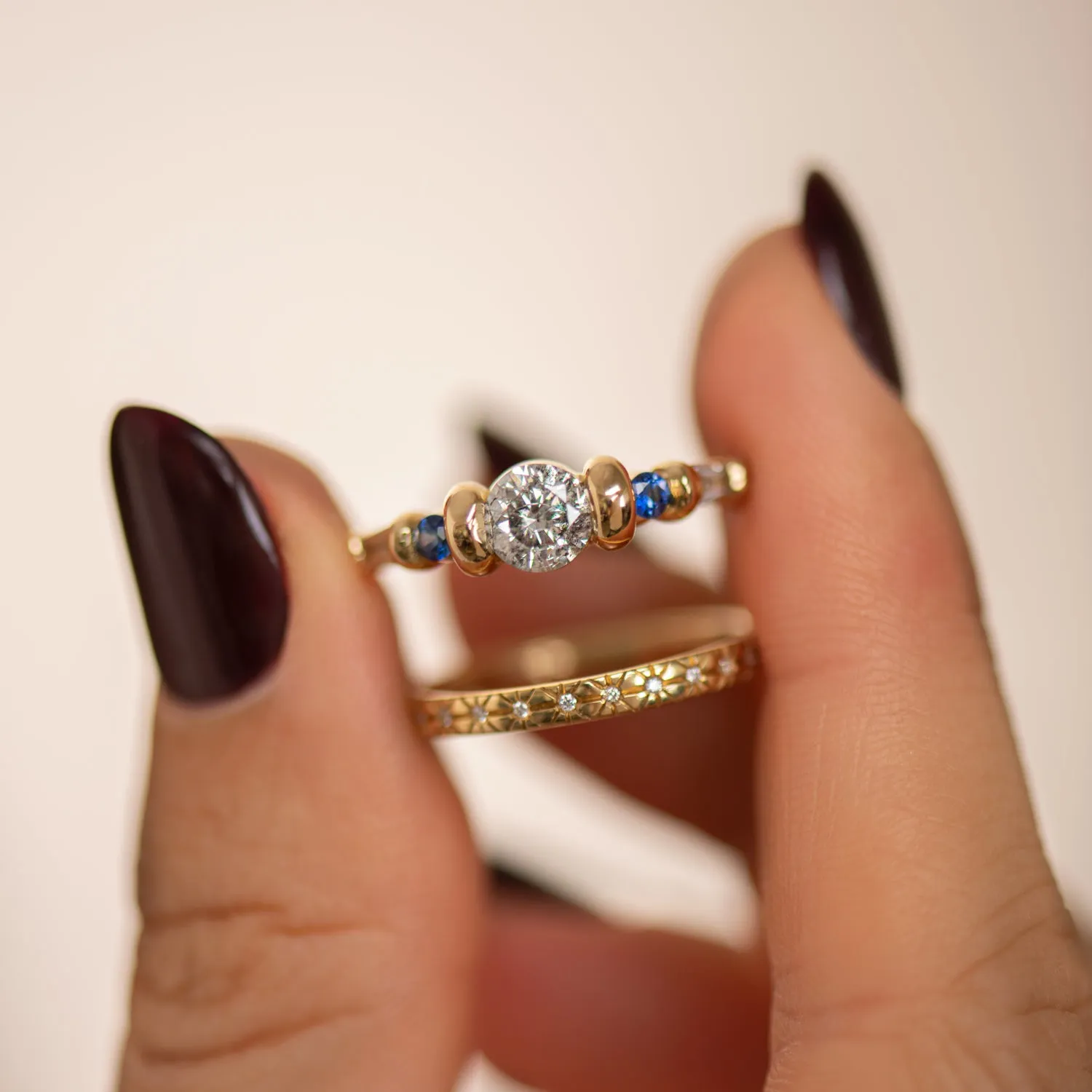 Salt and Pepper Diamond Ring with Blue Sapphires