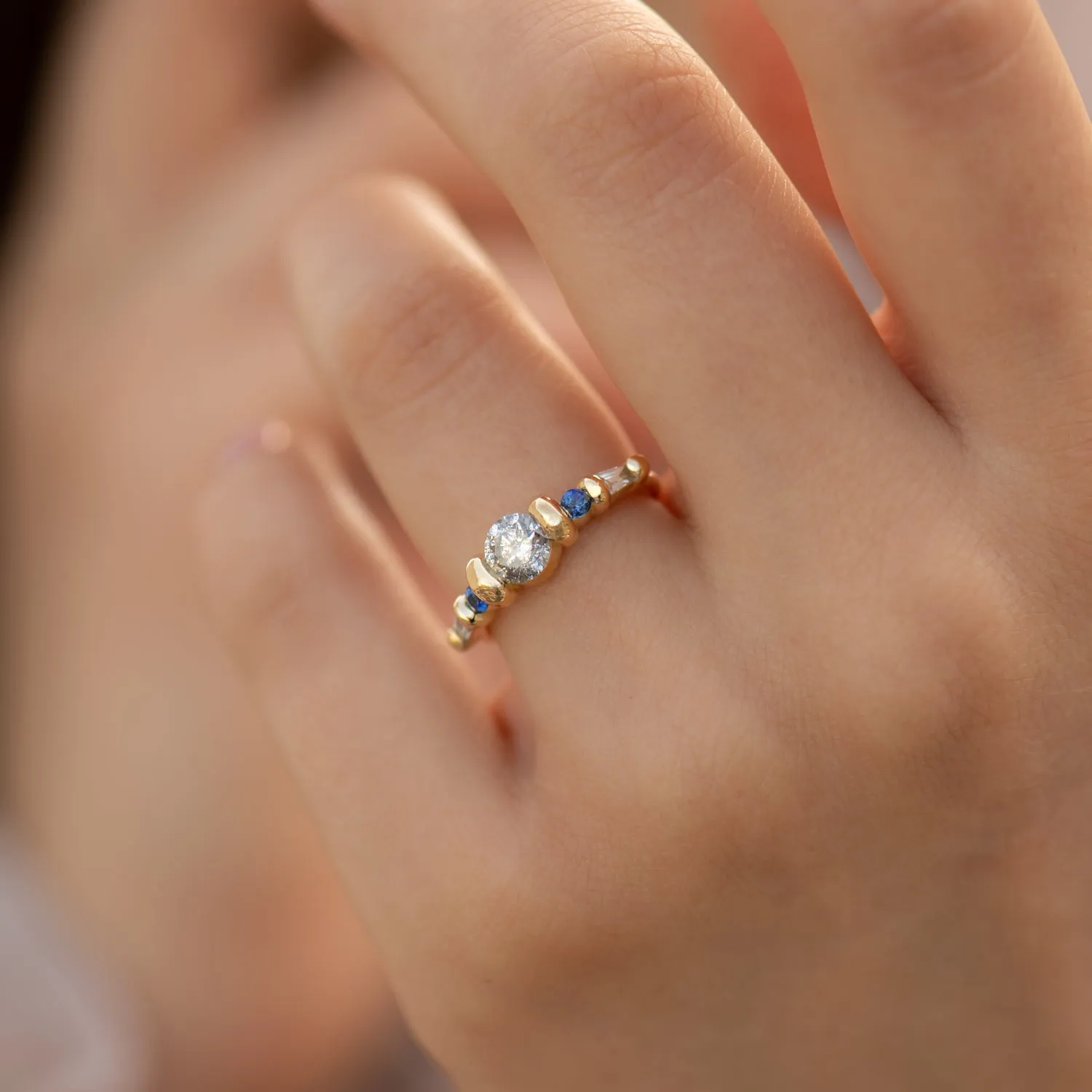 Salt and Pepper Diamond Ring with Blue Sapphires