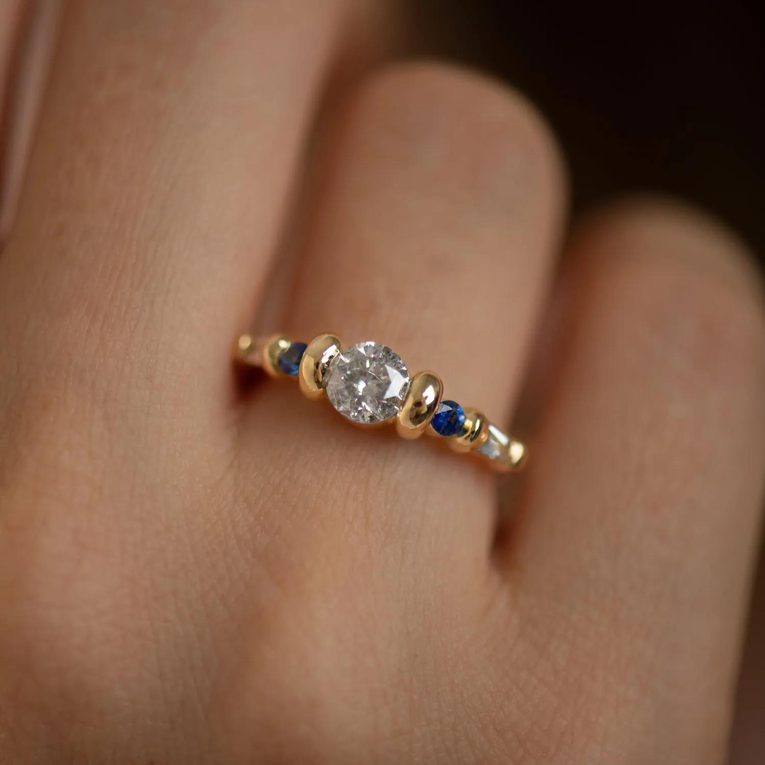 Salt and Pepper Diamond Ring with Blue Sapphires