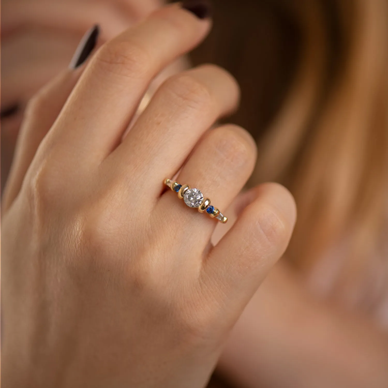 Salt and Pepper Diamond Ring with Blue Sapphires