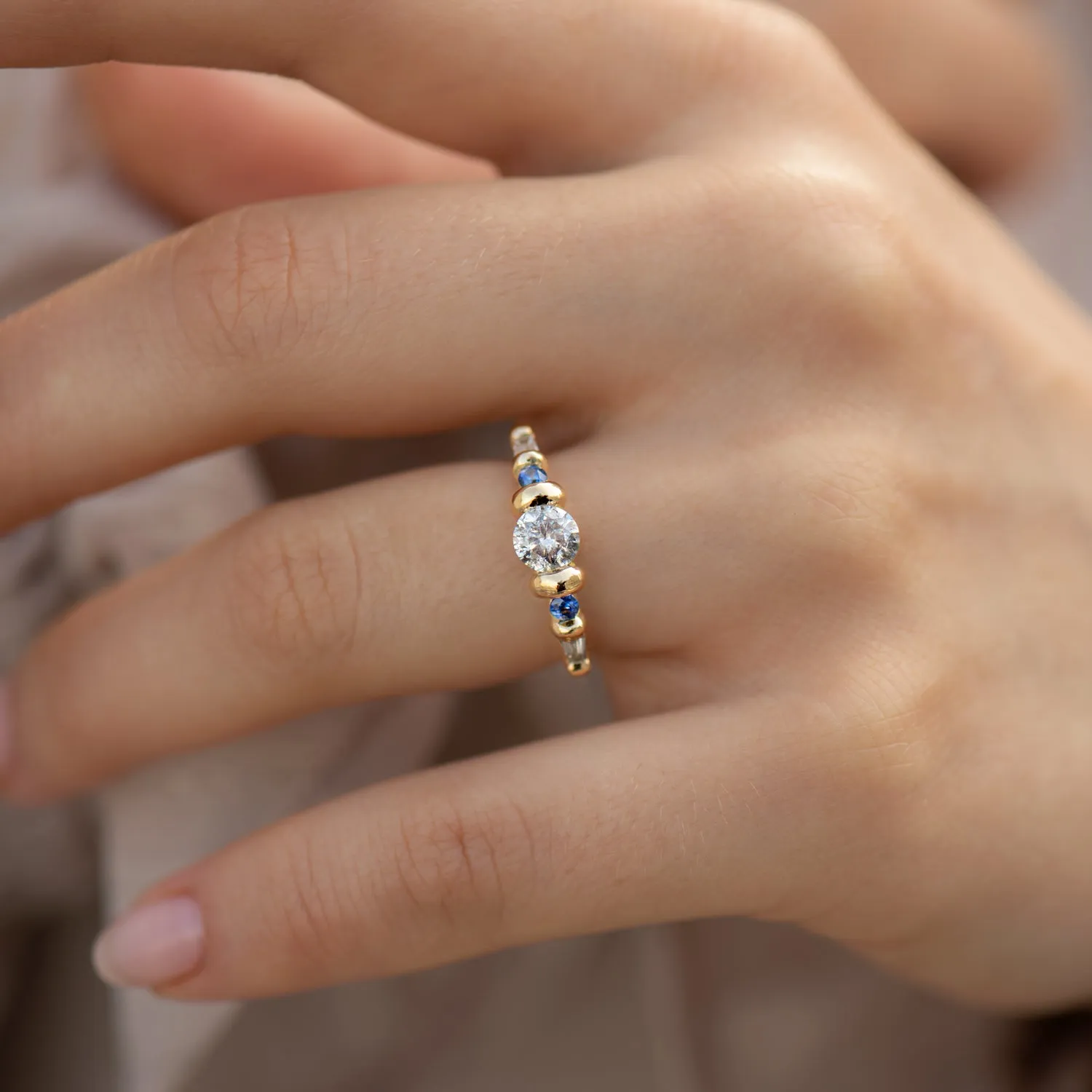 Salt and Pepper Diamond Ring with Blue Sapphires