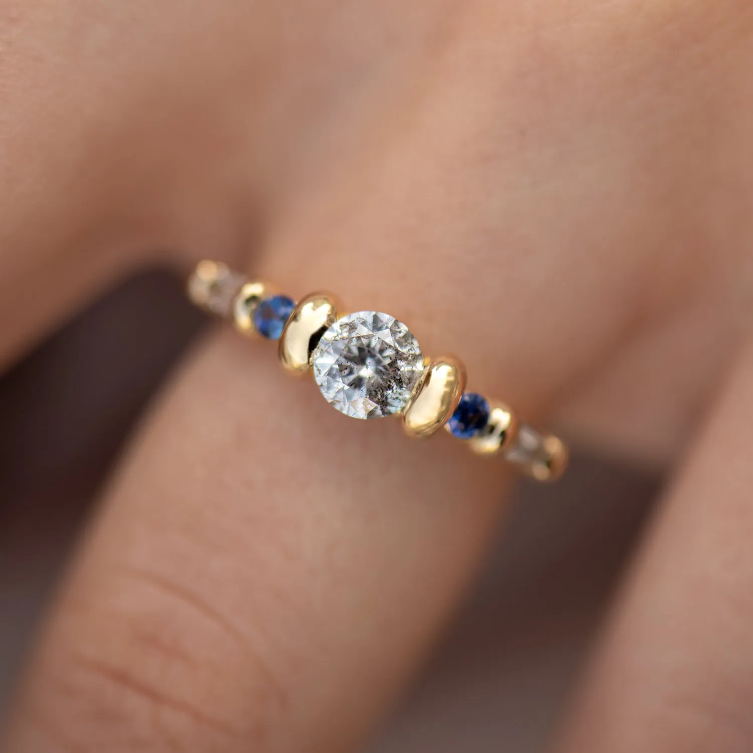 Salt and Pepper Diamond Ring with Blue Sapphires