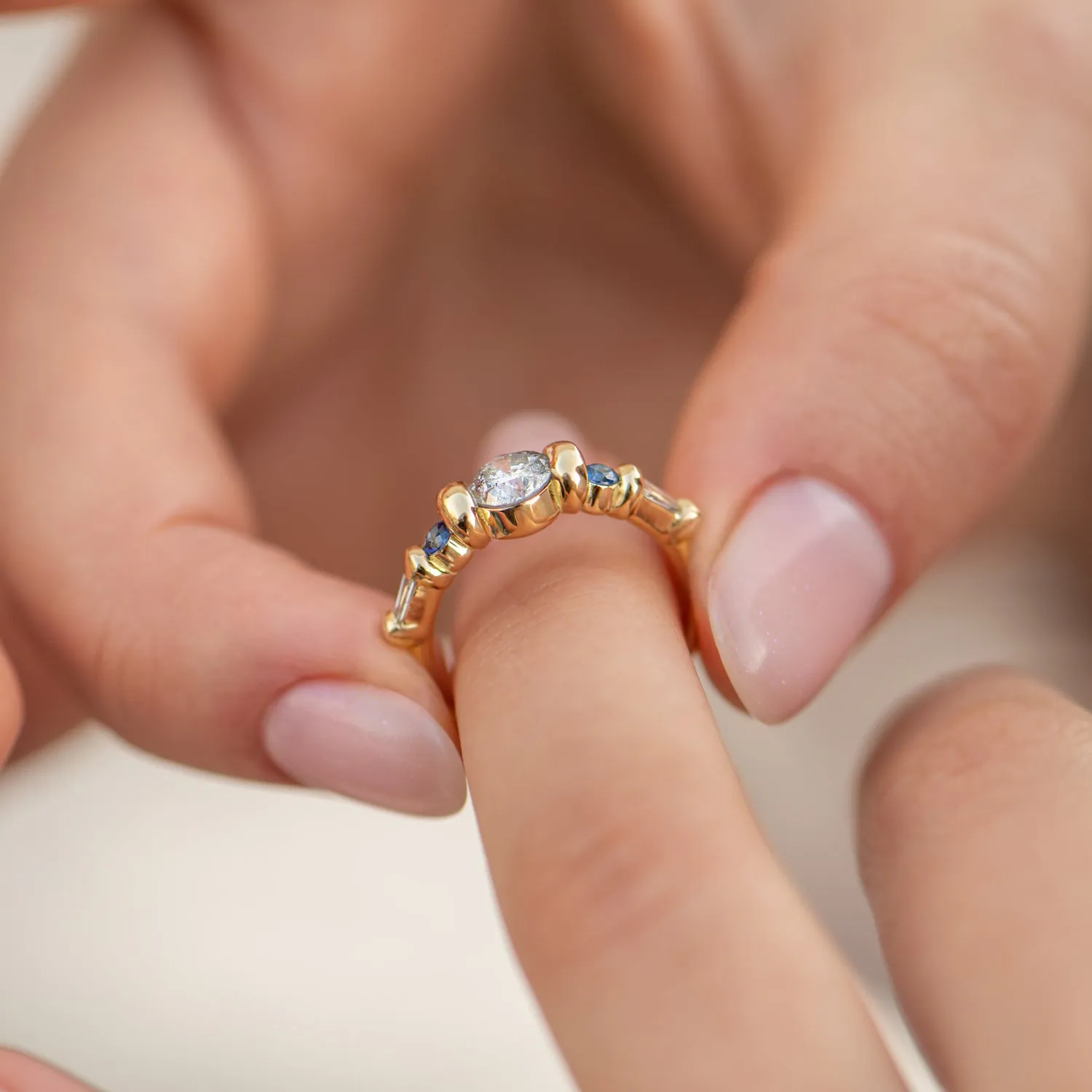 Salt and Pepper Diamond Ring with Blue Sapphires