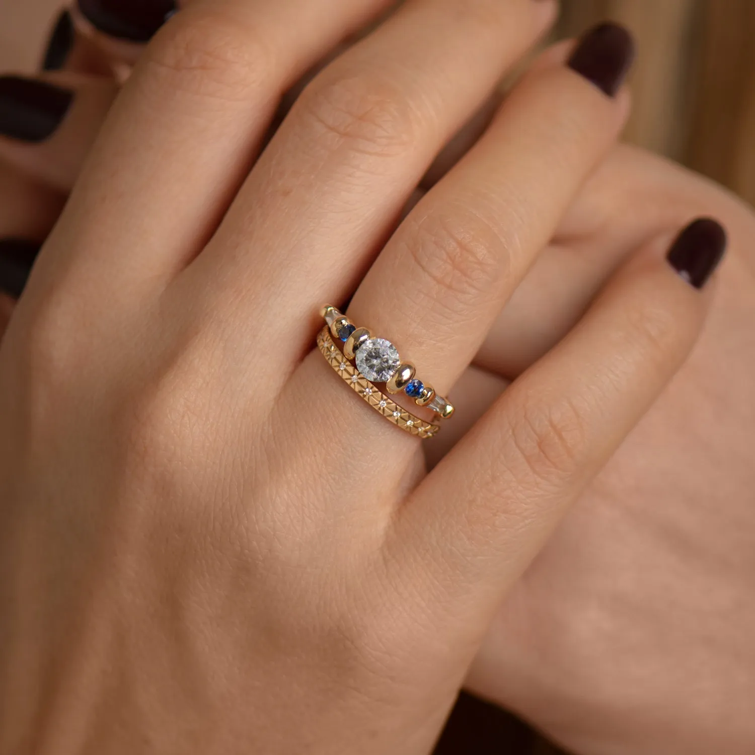 Salt and Pepper Diamond Ring with Blue Sapphires