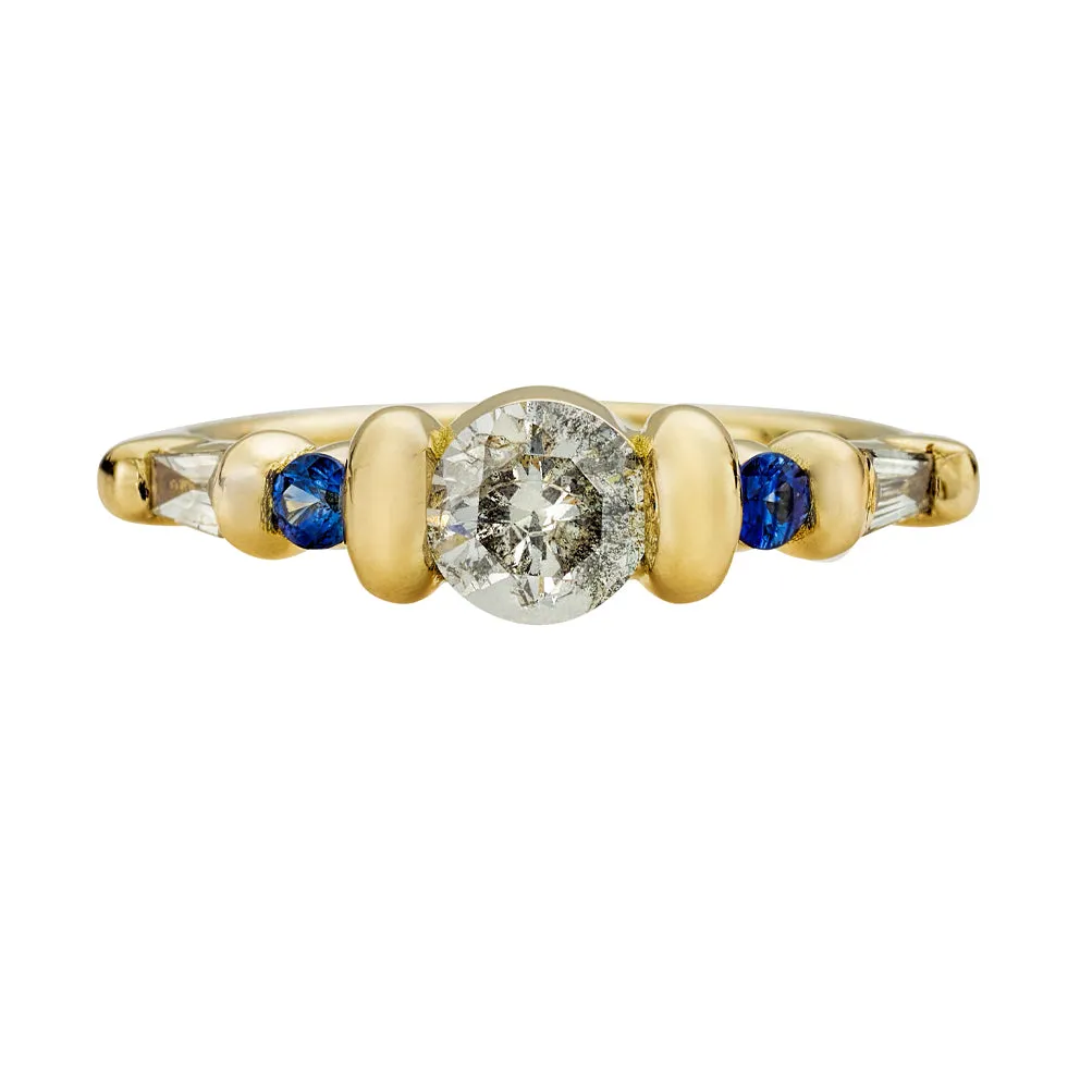 Salt and Pepper Diamond Ring with Blue Sapphires