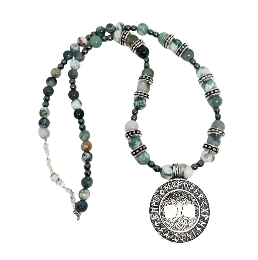 Yggdrasil Pendant Necklace with Moss Agate Crystal